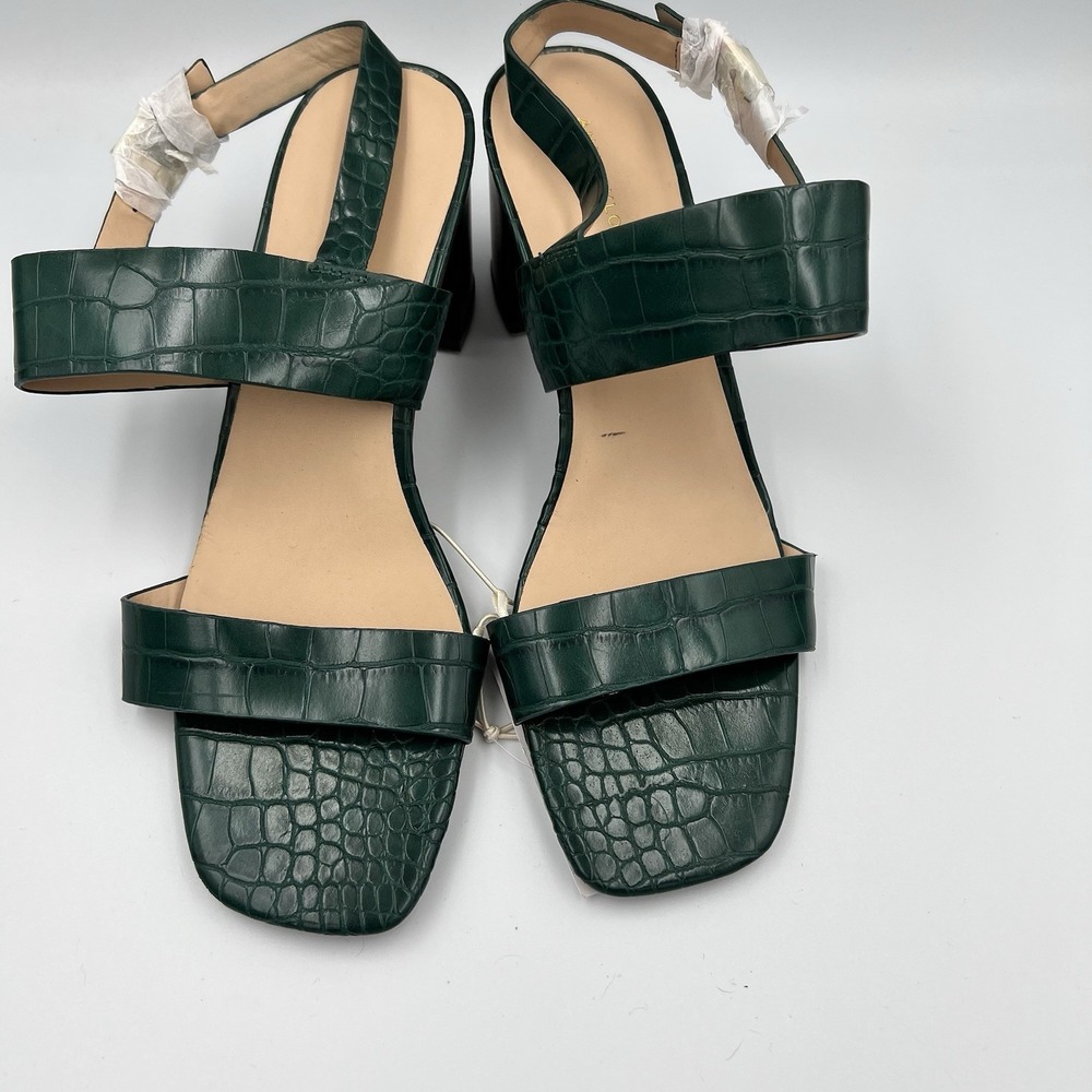 NEW! Ann Taylor Crocodile Embossed Double Strap Block HeeL Sandals Green 7.5 - Picture 2 of 11